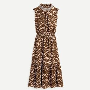 J Crew Smocked-Waist‎ Midi Dress in Polka Dot Pecan Ivory Size Medium